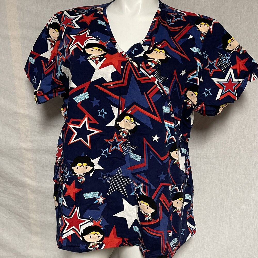 DC Comics Funko Pop Wonder Woman Mock Wrap Nurse Scrub Top Unisex Navy Red 3XL - Picture 2 of 8